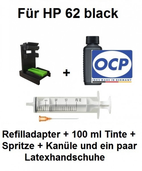 Befülladapter + 100 ml OCP Nachfüll-Tinte BKP 225 schwarz für HP 62 black (XL)