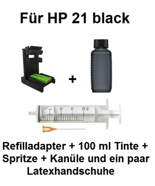Befülladapter + 100 ml INK-MATE Nachfüll-Tinte schwarz für HP 21 black (XL)