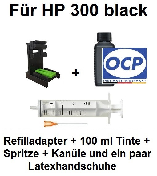 Befülladapter + 100 ml OCP Nachfüll-Tinte BKP 89 schwarz für HP 300 black (XL)