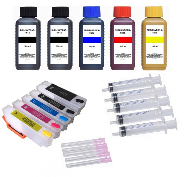 Wiederbefüllbare Tintenpatronen wie Epson T33XL + 5 x 100 ml Sublimationstinte