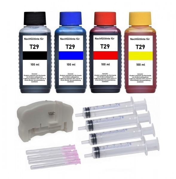 Nachfüllset 400 ml Tinte + Chipresetter für Epson Tintenpatronen T2981-T2984, T2991- T2994, T29XL