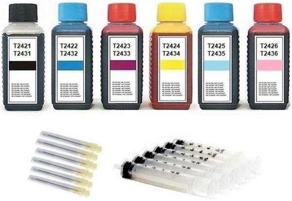 Nachfüllset für Epson Tintenpatronen T2421-T2426, T2431-T2436, T24 XL - 6 x 100 ml Tinte + Zubehör