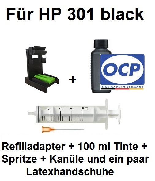 Befülladapter + 100 ml OCP Nachfüll-Tinte BKP 89 schwarz für HP 301 black (XL)