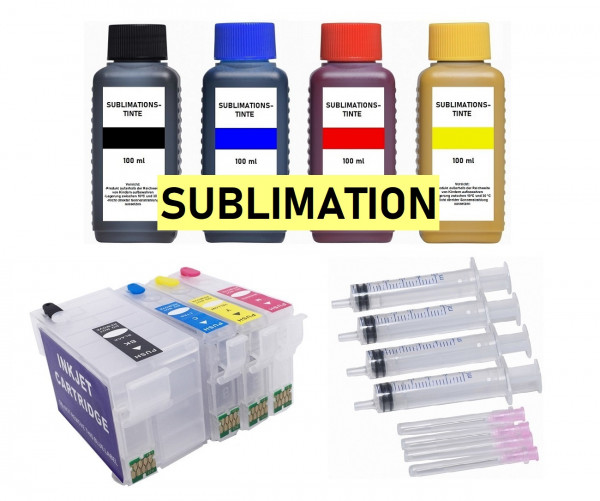Wiederbefüllbare Tintenpatronen wie Epson T27XL + 4 x 100 ml Sublimationstinte