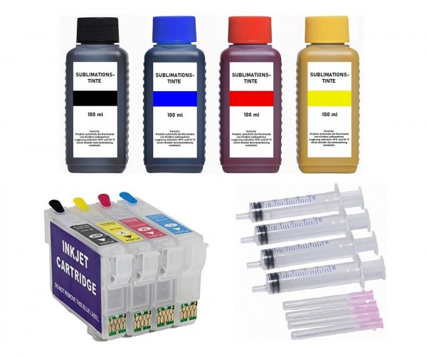 Wiederbefüllbare Tintenpatronen Epson 603, 603XL + 4 x 100 ml Dye-Sublimationstinten