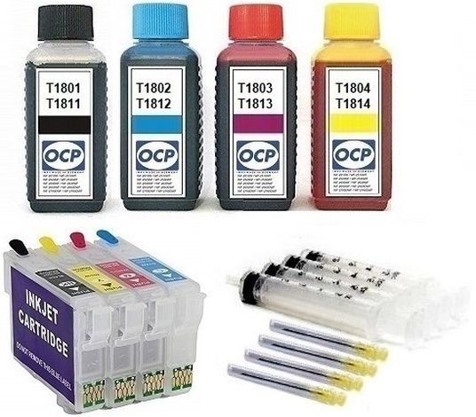 Wiederbefüllbare Tintenpatronen wie Epson T1811-T1814, T18 XL + 400 ml OCP Tinten