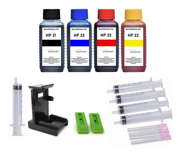 Nachfüllset für HP 21, 22, 27, 28, 56, 57 Tintenpatronen - 4 x 100 ml Sensient Tinte + Zubehör
