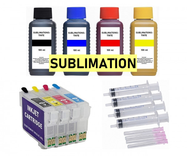 Wiederbefüllbare Tintenpatronen wie Epson 502, 502XL + 4 x 100 ml Sublimationstinte