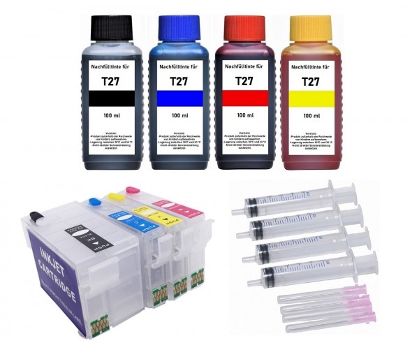 Wiederbefüllbare Tintenpatronen wie Epson T2711-T2714, T27XL + 400 ml Nachfülltinte