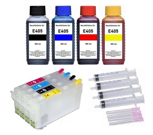 Wiederbefüllbare Tintenpatronen kompatibel mit Epson 405XL + 400 ml Nachfülltinte