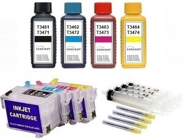 Wiederbefüllbare QUICKFILL-FILL-IN Patronen wie Epson T3471-T3474, T34 XL + 400 ml Sensient Tinten