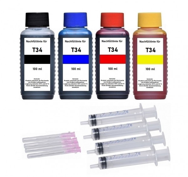 Nachfüllset für Epson Tintenpatronen T3461-T3464, T3471-T3474, T34 XL - 4 x 100 ml Tinte + Zubehör