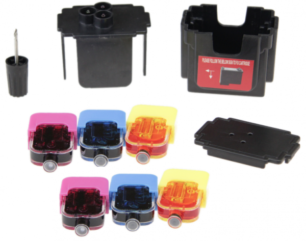 Easy Refill Befülladapter + Nachfüllset für HP 62 color (XL) Druckerpatronen C2P07AE, C2P06AE