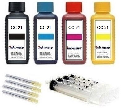 Nachfüllset für Ricoh Tintenpatronen GC-21 black, cyan, magenta, yellow - 4 x 100 ml Tinte + Zubehör