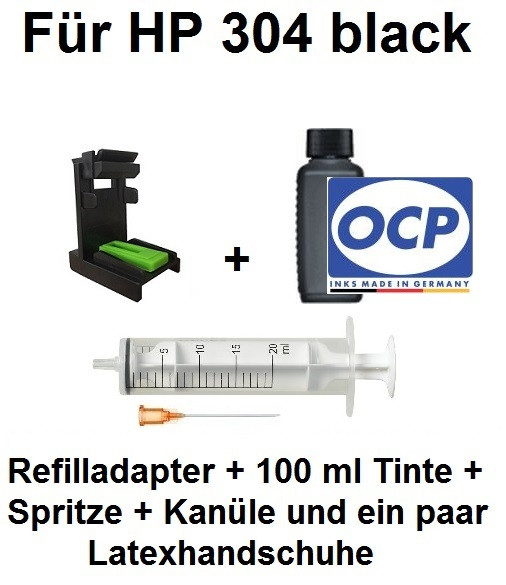 Befülladapter + 100 ml OCP Nachfüll-Tinte BKP 225 schwarz für HP 304 black (XL)