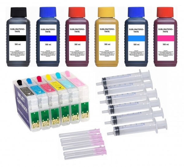 Wiederbefüllbare Tintenpatronen Epson T0791-T0796 + 6 x 100 ml Dye-Sublimationstinten