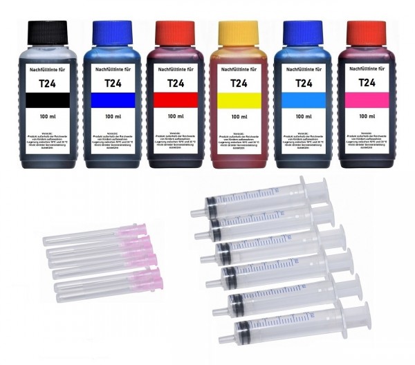Nachfüllset für Epson Tintenpatronen T2421-T2426, T2431-T2436, T24XL - 6 x 100 ml Tinte + Zubehör