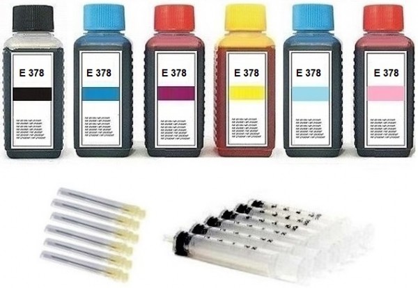 Nachfüllset für Epson Tintenpatronen 378, 378 XL - 6 x 100 ml Nachfülltinte + Zubehör