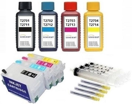 Wiederbefüllbare Tintenpatronen wie Epson T2711-T2714, T27 XL + 400 ml SENSIENT Tinten