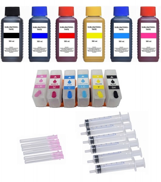 Wiederbefüllbare Tintenpatronen wie Epson 378XL + 6 x 100 ml Sublimationstinte
