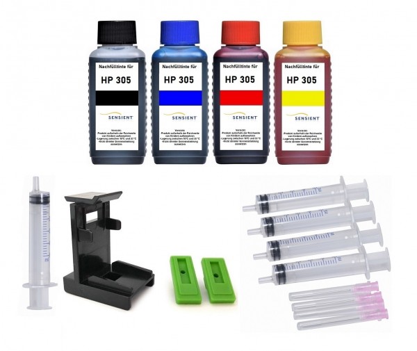 Nachfüllset für HP 305 (XL) black + color Tintenpatronen - 4 x 100 ml Sensient Tinte + Zubehör