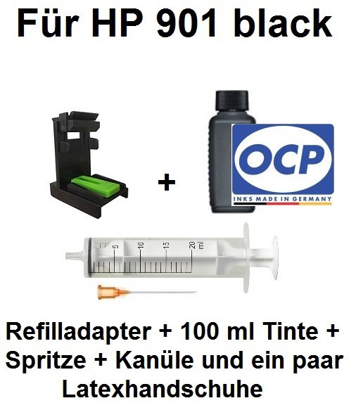 Befülladapter + 100 ml OCP Nachfüll-Tinte BKP 89 schwarz für HP 901 black (XL)