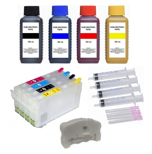 Wiederbefüllbare Tintenpatronen Epson 405XL + Chipresetter + 400 ml Dye Sublimationstinte