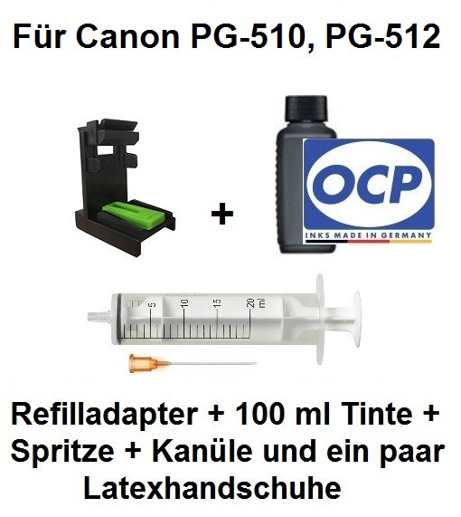 Befülladapter + 100 ml OCP Nachfüll-Tinte BKP 44 black für Canon PG-510, 512