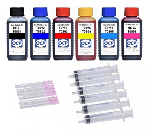 Nachfüllset für Epson Tintenpatronen T0791-T0796, T0801-T0806, T24.. - 6 x 100 ml OCP Tinte
