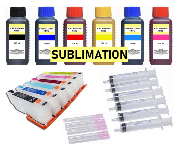 Wiederbefüllbare Tintenpatronen wie Epson T24XL + 6 x 100 ml Sublimationstinte