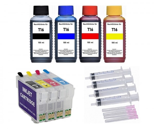 Wiederbefüllbare Tintenpatronen wie Epson T1631-T1634, T16XL + 400 ml Nachfülltinte