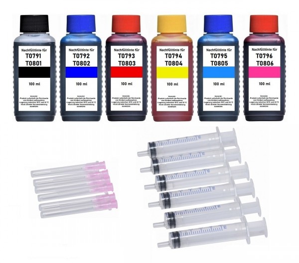 Nachfüllset für Epson Tintenpatronen T0791-T0796, T0801-T0806 - 6 x 100 ml Nachfülltinte + Zubehör