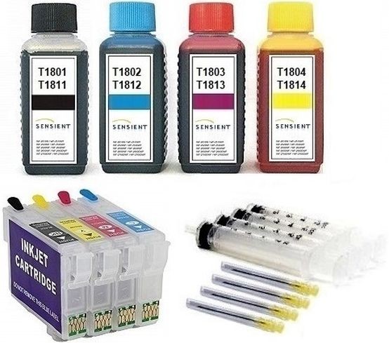 Wiederbefüllbare Tintenpatronen wie Epson T1811-T1814, T18 XL + 400 ml SENSIENT Tinten