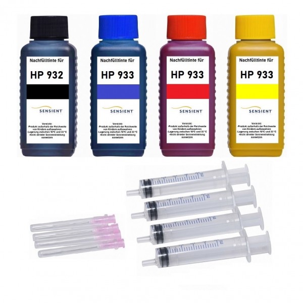 Nachfüllset für HP 932 black + 933 cyan, magenta, yellow Tintenpatronen - 4 x 100 ml Sensient Tinte