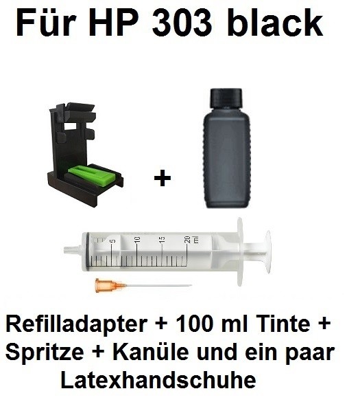Befülladapter + 100 ml INK-MATE Nachfüll-Tinte schwarz für HP 303 black (XL)