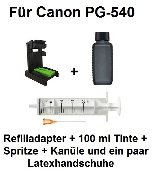 Befülladapter + 100 ml INK-MATE Nachfüll-Tinte black für Canon PG-540 (XL)