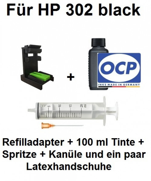 Befülladapter + 100 ml OCP Nachfüll-Tinte BKP 225 schwarz für HP 302 black (XL)